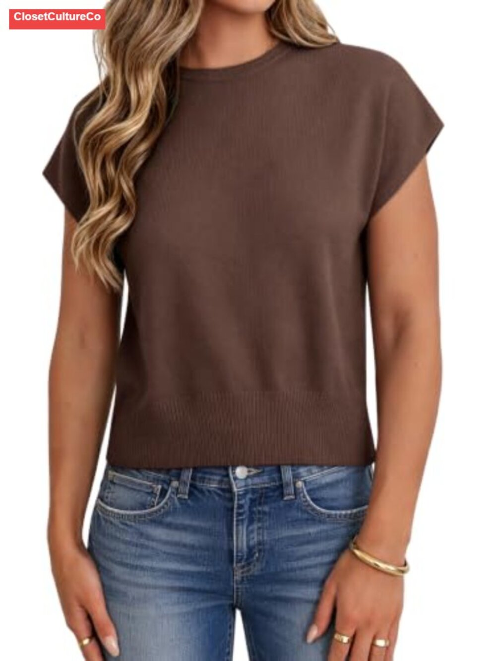 Short Sleeve Knit Sweater Women Crewneck Cropped Pullover Top